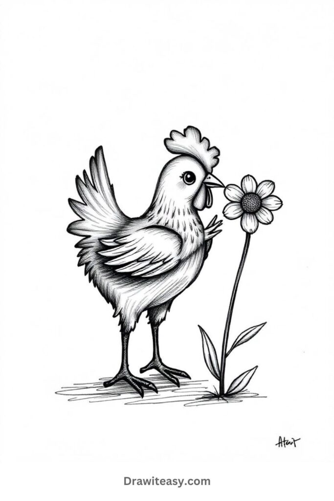 Chicken Pecking at a Flower