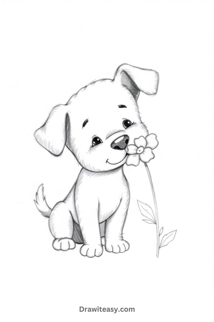 Dog Sniffing a Flower