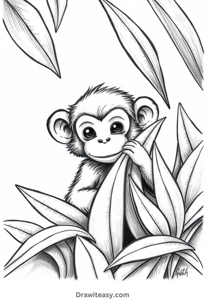 Shy Monkey Hiding Behind Leaves