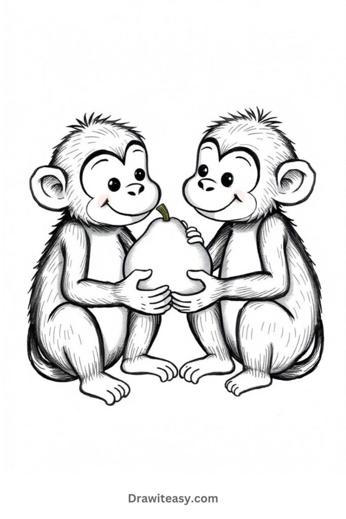 Two Monkeys Sharing a Fruit