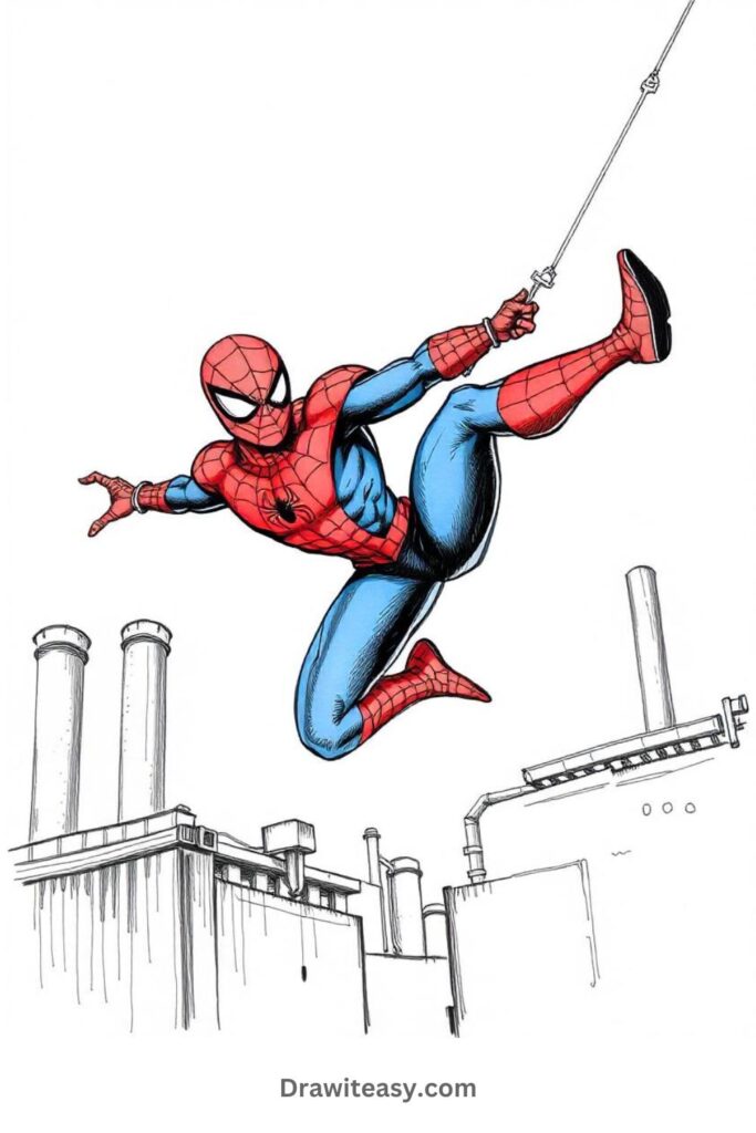 Spider-Man Swinging Over a Building