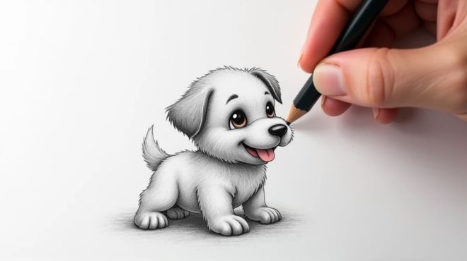 a person is drawing a cute dog on a paper