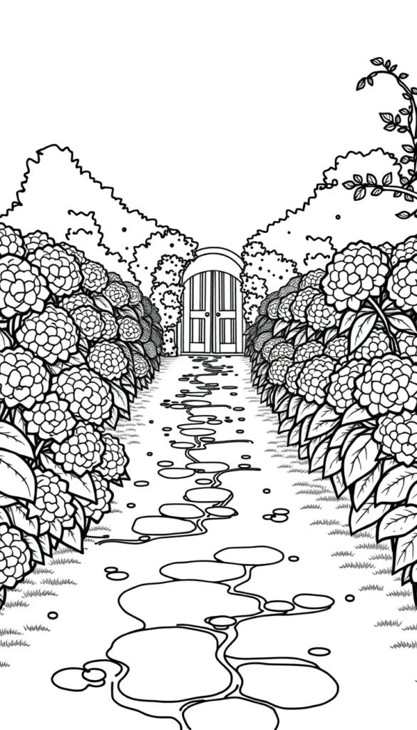 A Path Lined with Hydrangeas