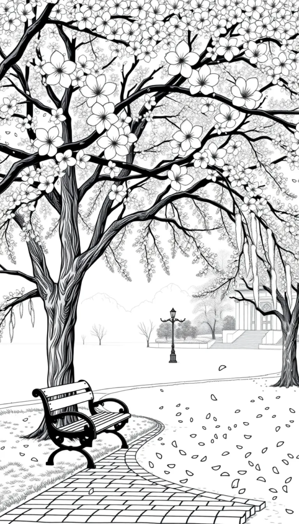Cherry Blossoms Over a Park Bench