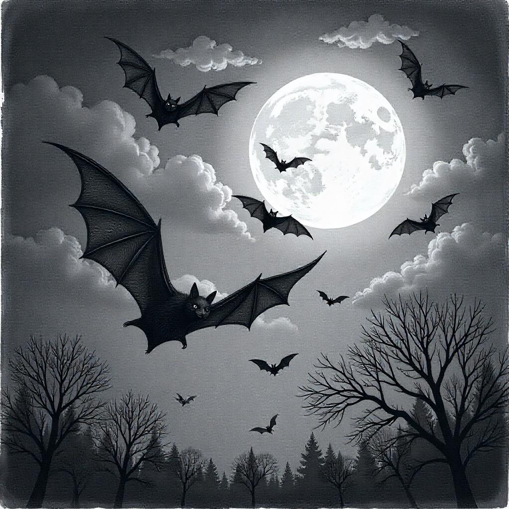 Bat Swarm Flying in the Night Sky