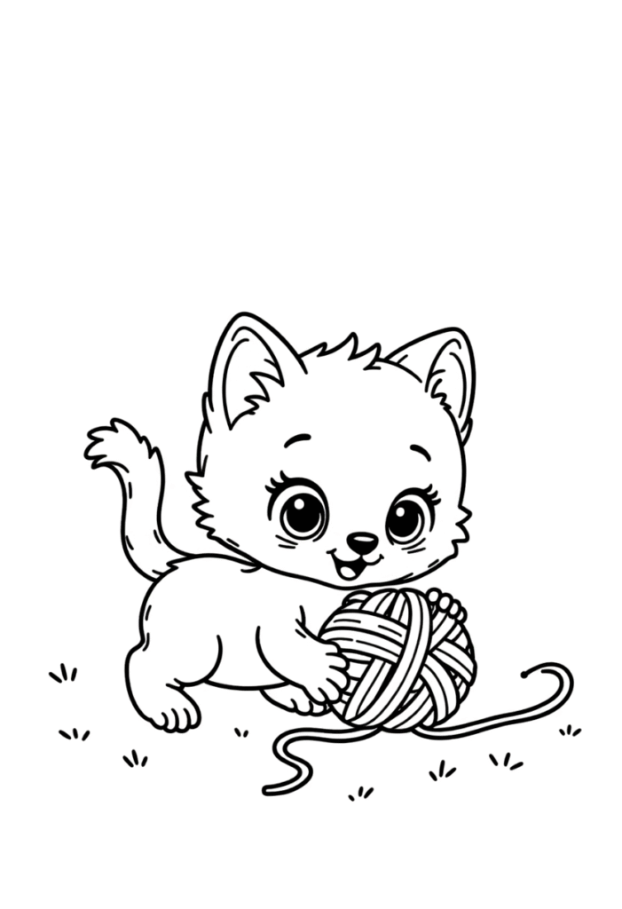 Cute Kitten Playing with Yarn