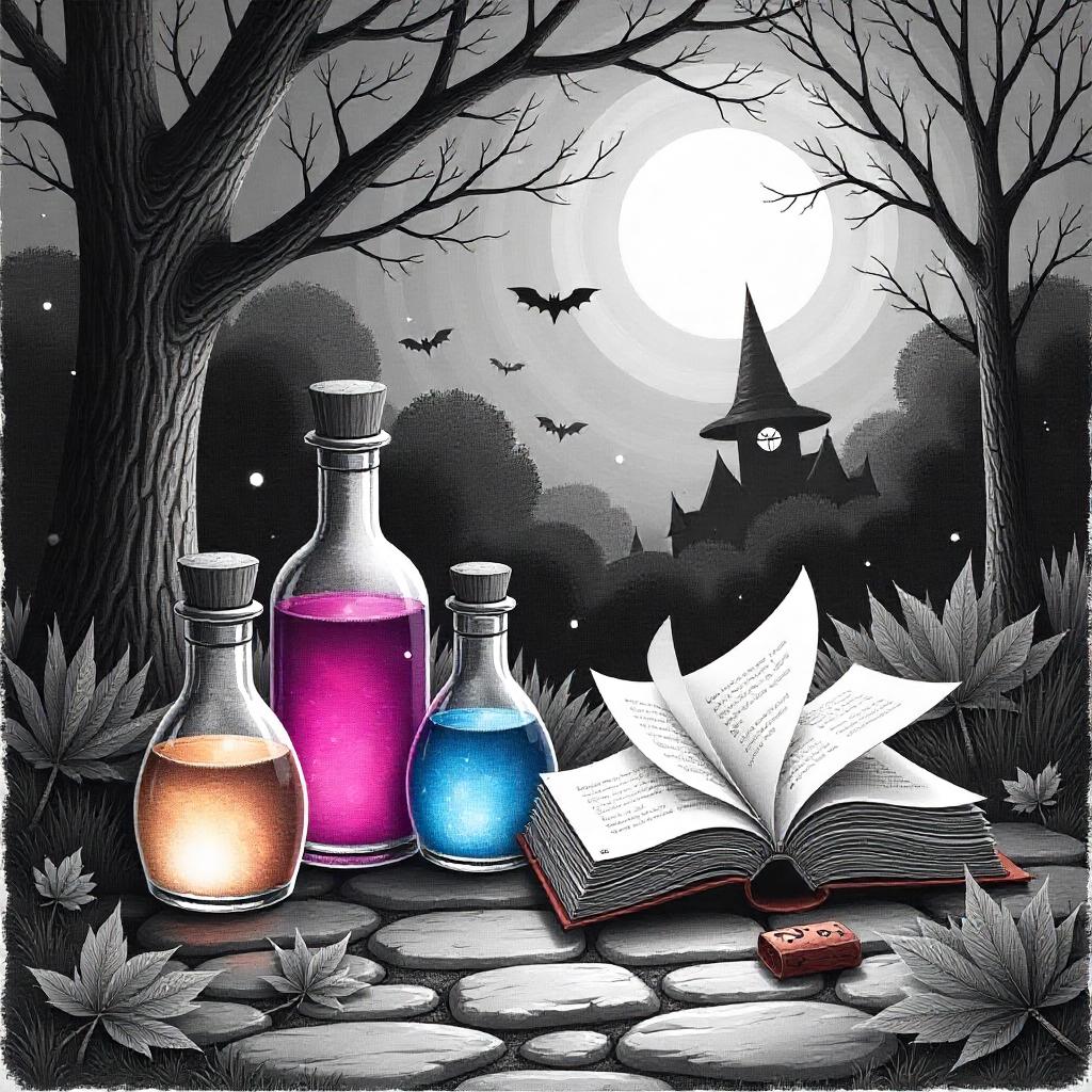 Witch's Potion Bottles and Spellbook