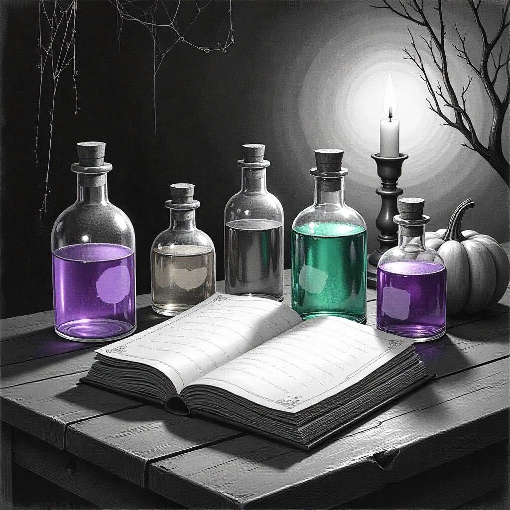 Witch's Potion Bottles and Spellbook