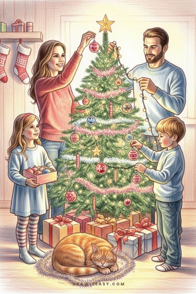 Family Decorating a Christmas Tree