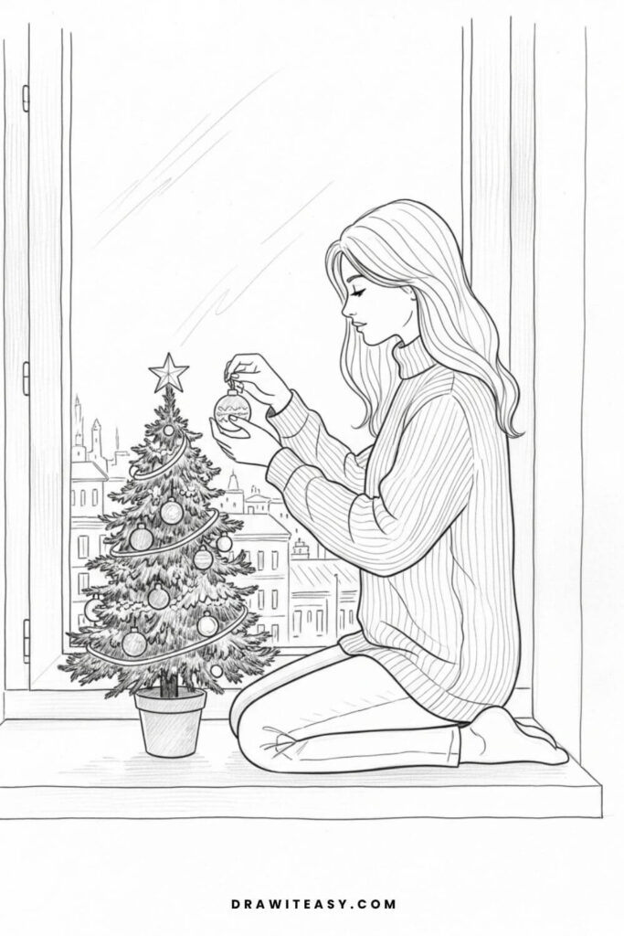 Girl Decorating a Small Christmas Tree by the Window