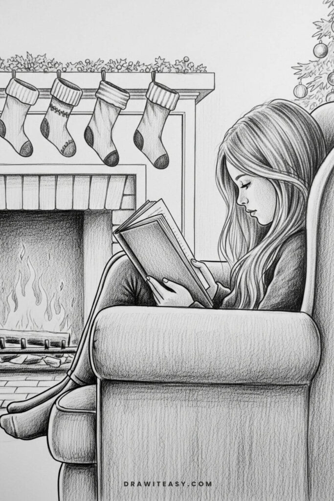 Girl Reading by a Christmas Fireplace
