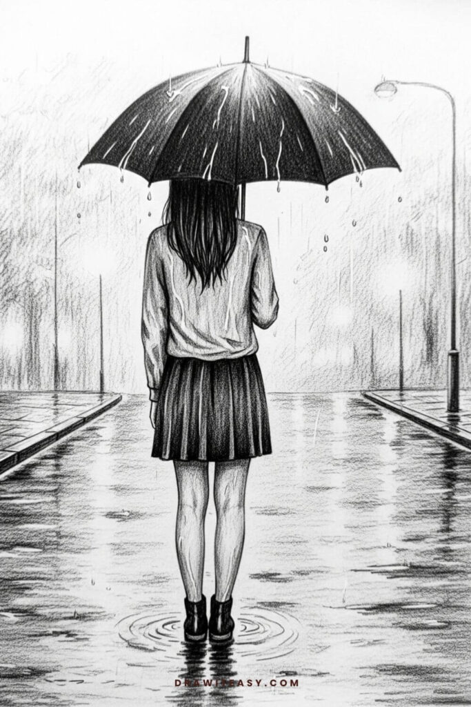 Girl Standing in the Rain with an Umbrella