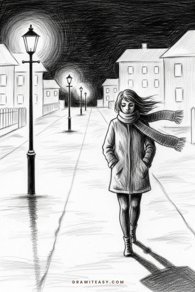 Girl Walking Through a Snowy Street with Lights