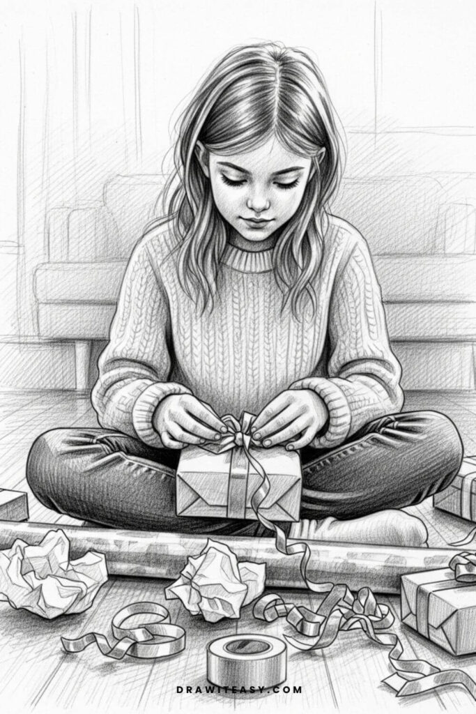 Girl Wrapping Gifts on the Floor