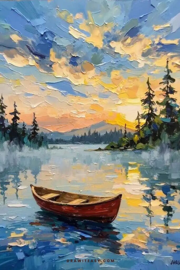 A boat drifting on a misty lake at sunrise