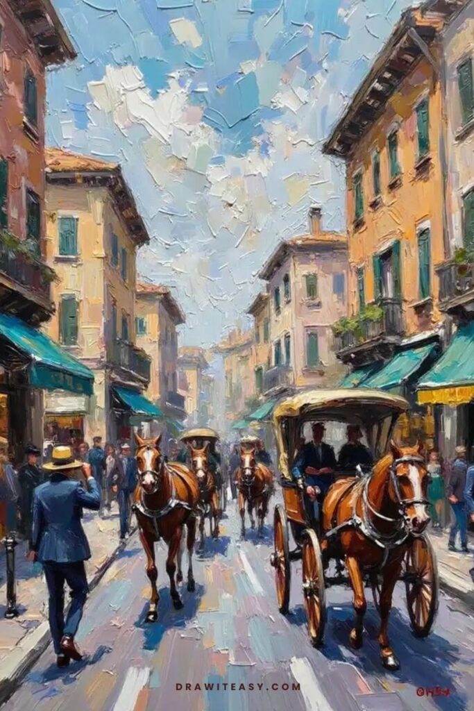 A busy city street with blurred figures and moving carriages