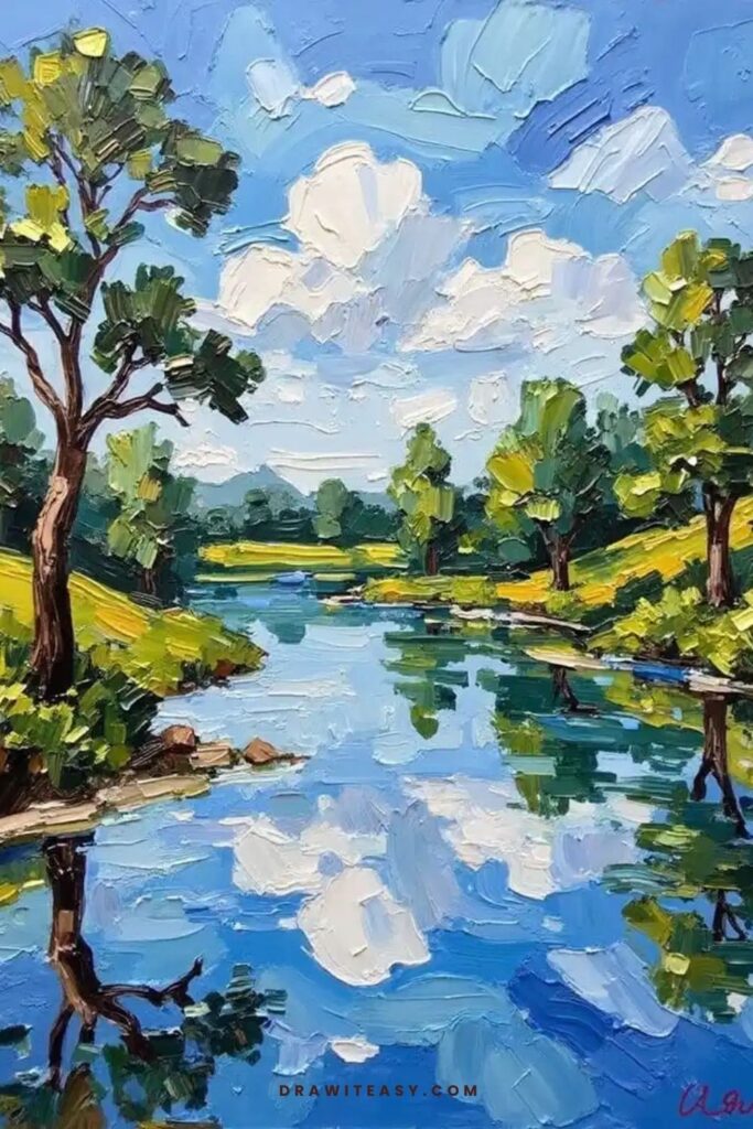 A calm riverside with reflections of trees and sky