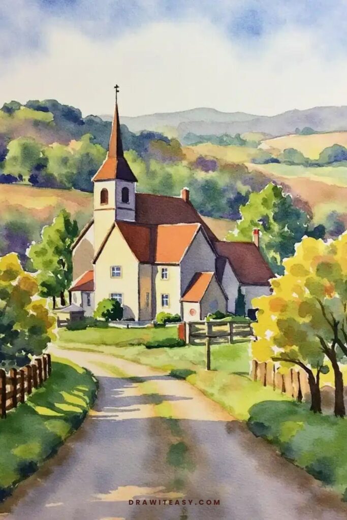 A cozy countryside village during golden hour