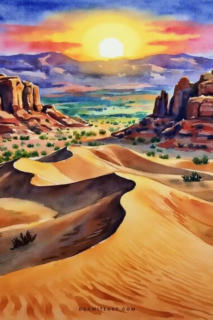 A desert landscape with dramatic dunes and shadows