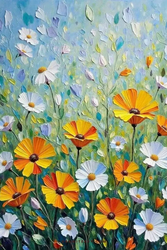 A field of blooming flowers swaying in the breeze