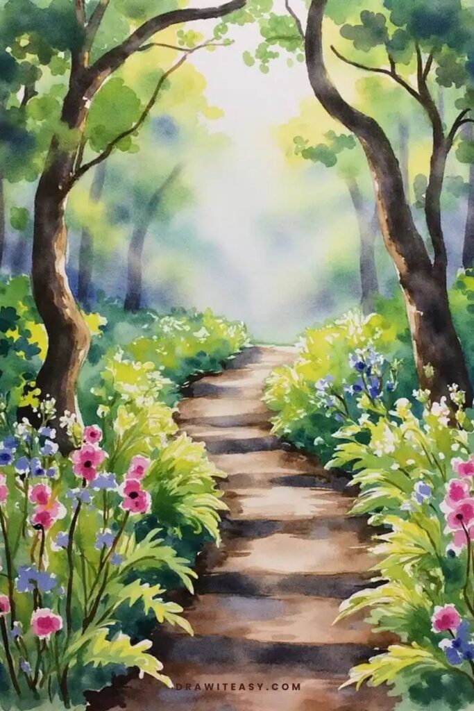 A misty forest trail with soft morning light