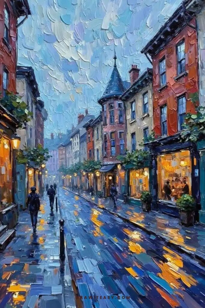 A rainy street scene with glistening wet pavements