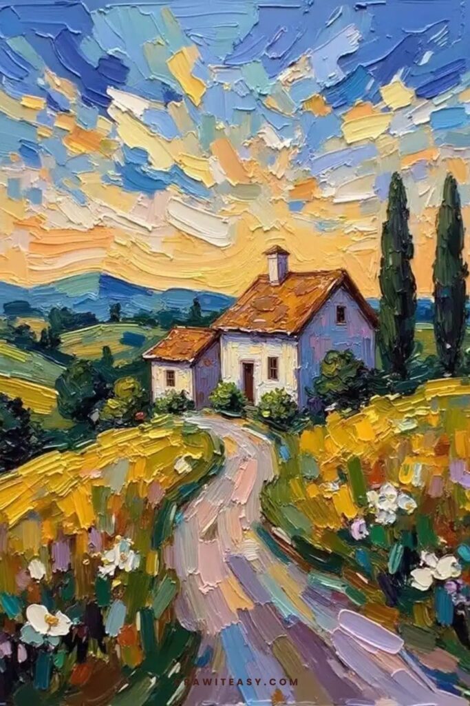 A serene countryside village at dusk