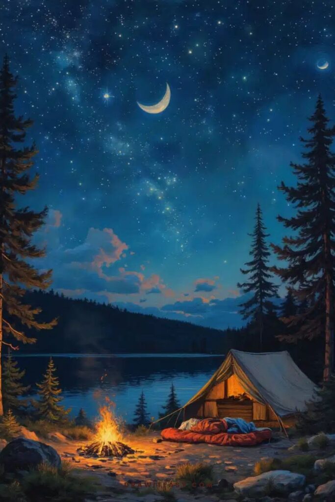 A starry night sky above a quiet camping scene