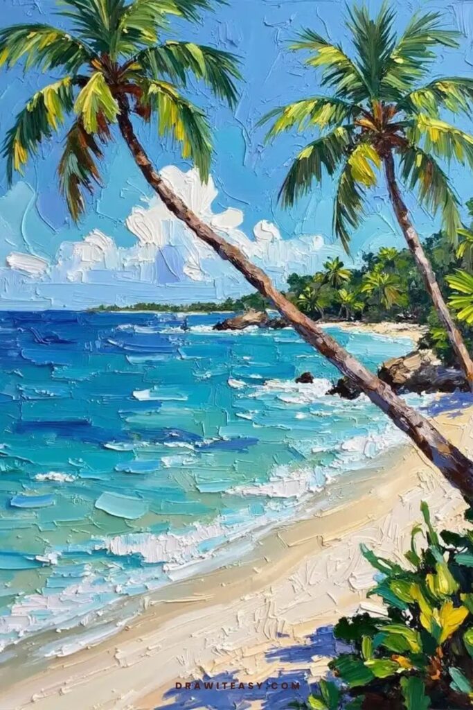 A tropical beach with palm trees and turquoise water