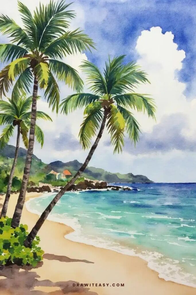 A tropical beach with palm trees and turquoise water