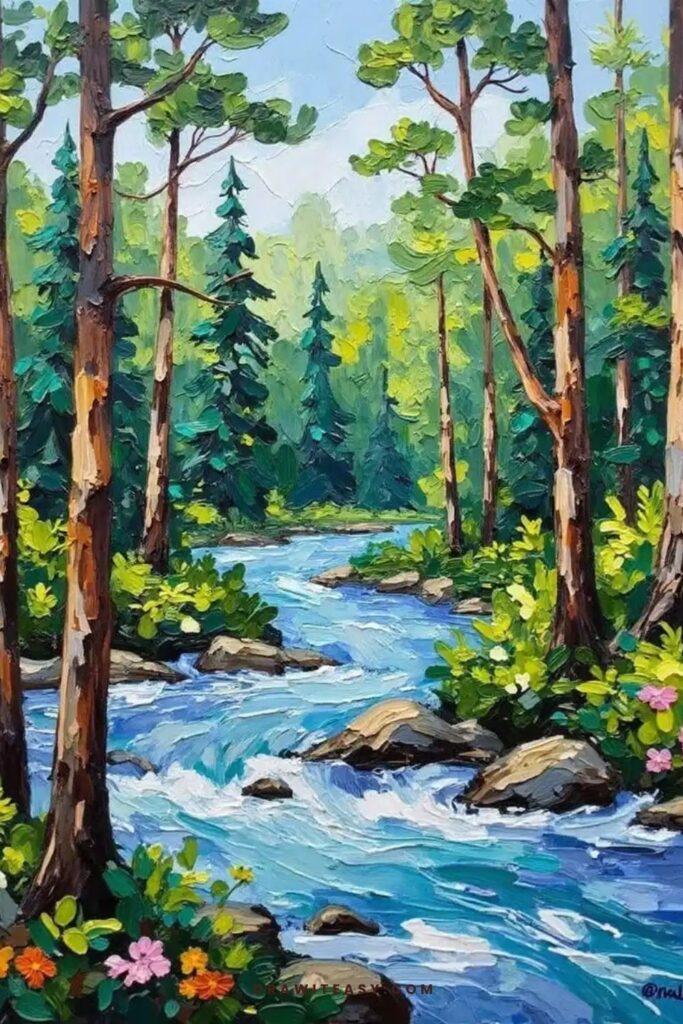 A winding river through a lush forest