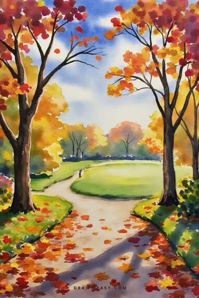 An autumn park with fallen leaves and warm, glowing colors