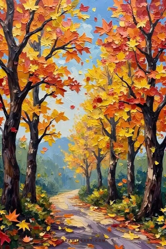 Autumn forest with colorful falling leaves