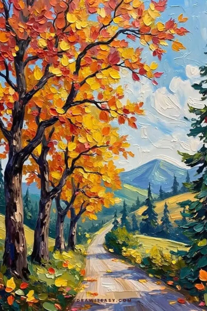 Autumn trees with colorful leaves and dappled sunlight