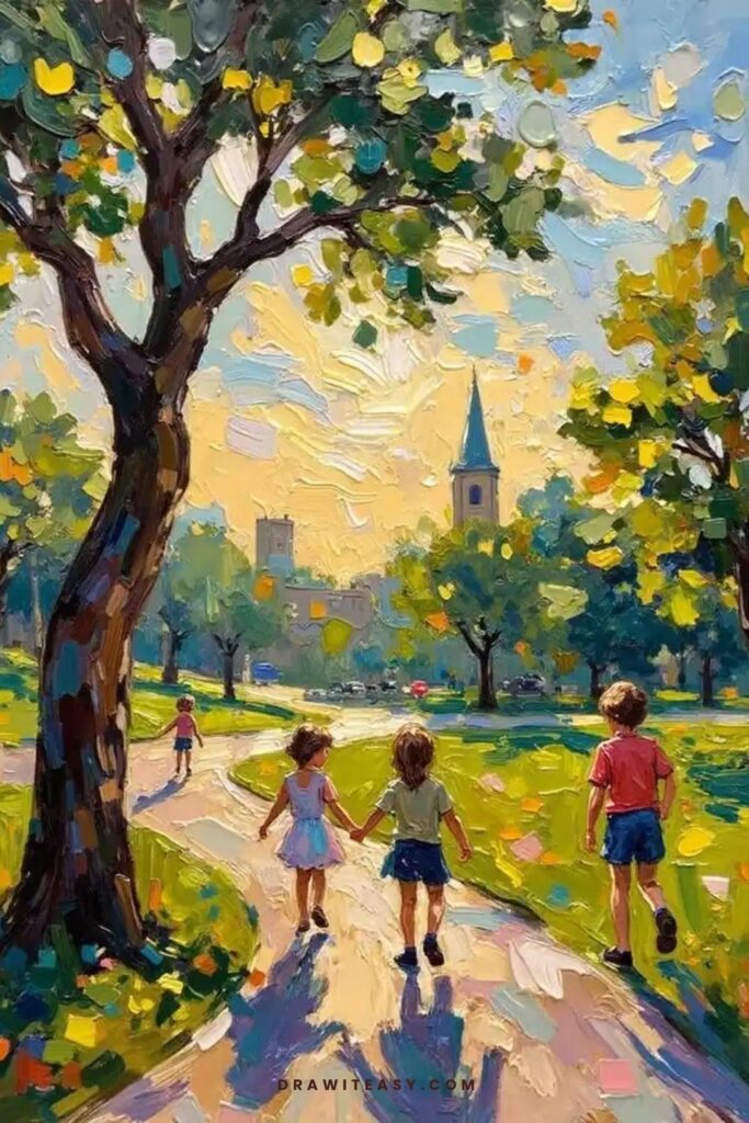 Children playing in a park during golden hour