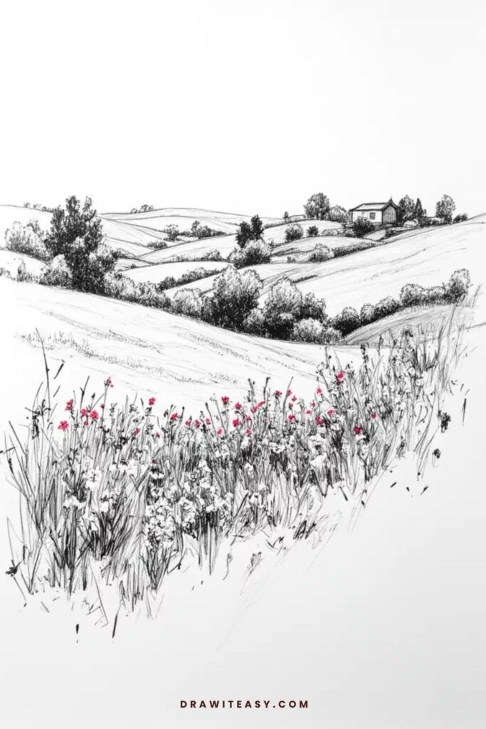 Countryside Hill with Wildflowers