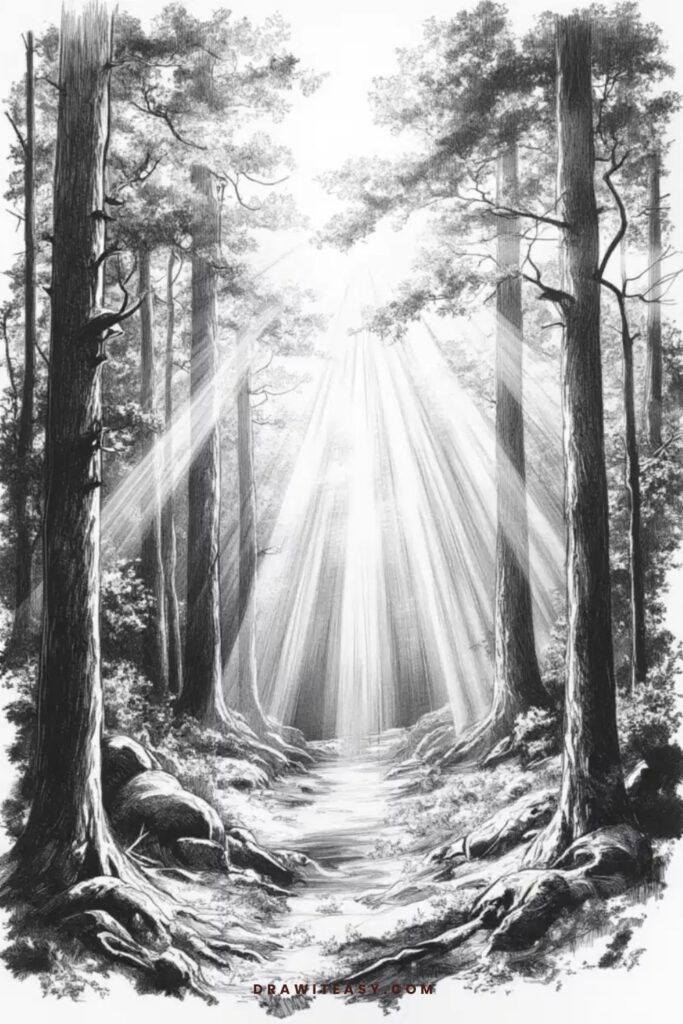 Enchanted Forest with Sun Rays