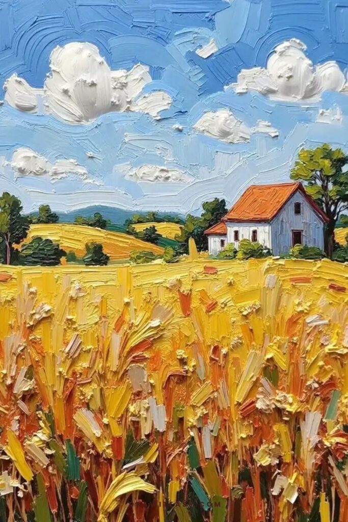 Golden fields of wheat with a distant barn