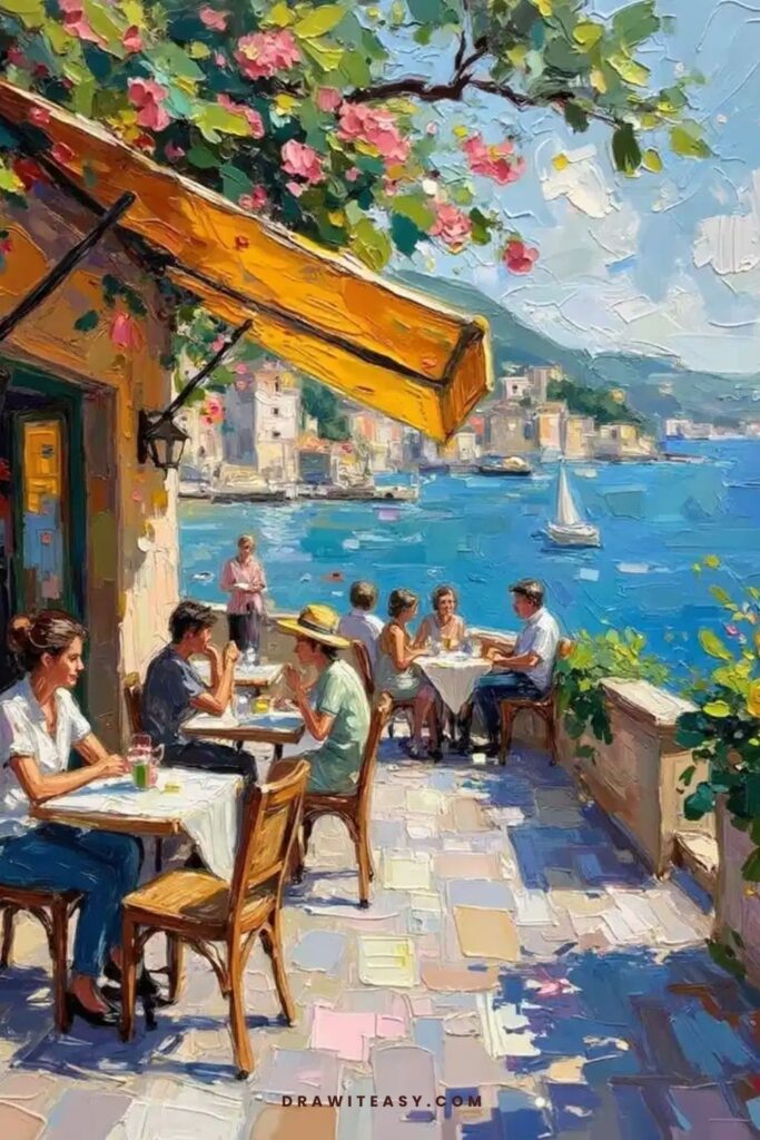 People enjoying a café terrace on a sunny afternoon