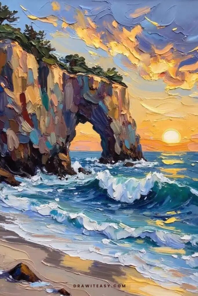 Rocky cliffs with waves crashing at sunrise