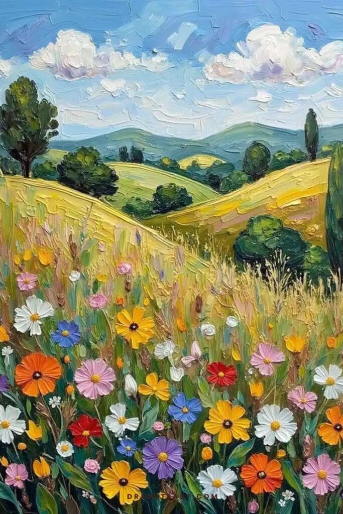 Rolling hills with wildflowers in bloom