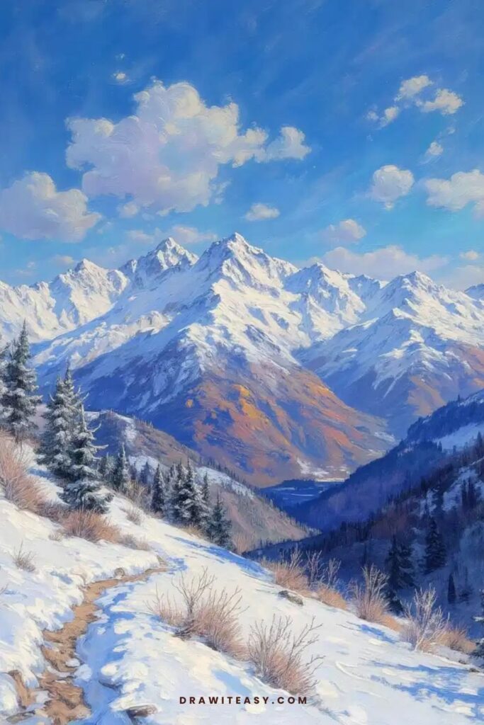 Snowy mountains under a bright blue sky