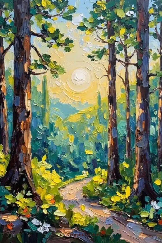 Sunlight filtering through a forest in the morning