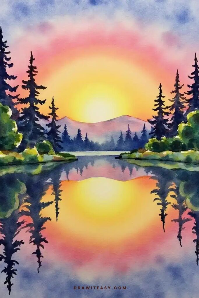 Sunset over a calm lake with reflections of trees