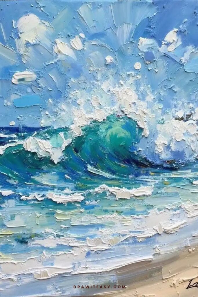 Waves crashing on a sunlit beach with sparkling water