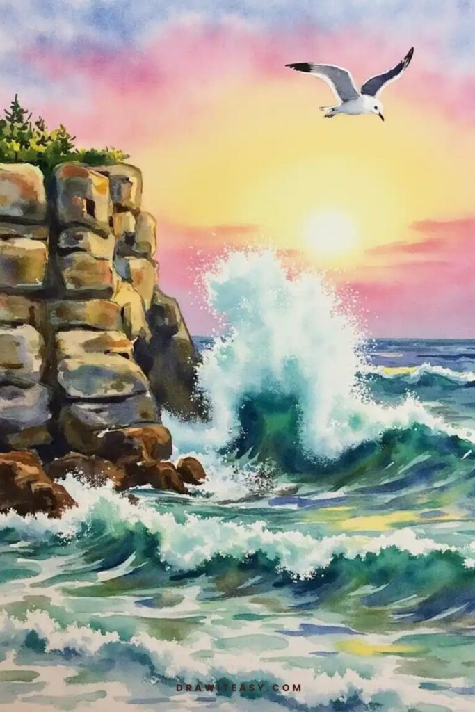 Waves crashing onto rocky cliffs at sunrise